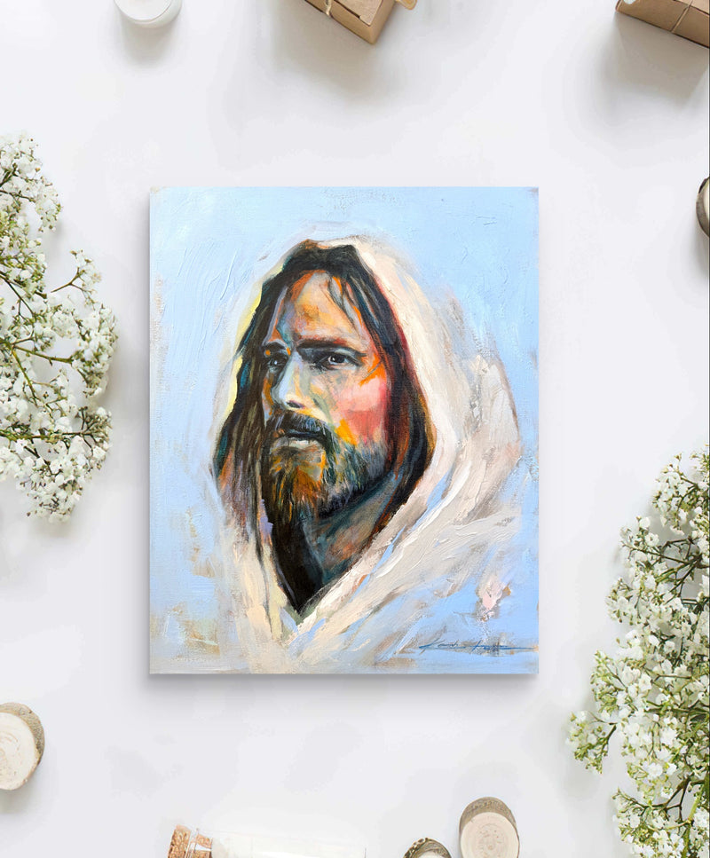 Colorful print of jesus with thick paint showing his love. Affordable inspired Christian art. 