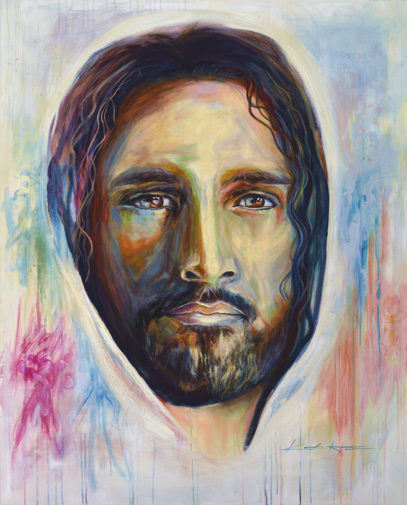 Colorful portrait of Jesus depicting his love in every color titled "Come Home" An original oil painting of Jesus with stunning eyes colored blue and brown representing diversity, visible love in his eyes with vibrant colors and an abstract background, drips of paint, splashes of Blue, pink, green, orange, yellow, red and purple.