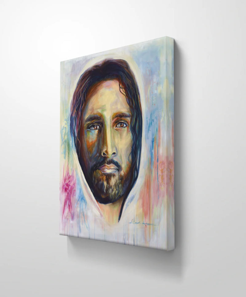 Oil Painting of Jesus with a colorful abstract background. A portrait of Christ with beautiful eyes representing the love God has for his children. Blue, pink, orange, yellow, green, red, purple, vibrant colors depicting diversity of the human race, titled "Come Home" to remind us to come home to Jesus. 