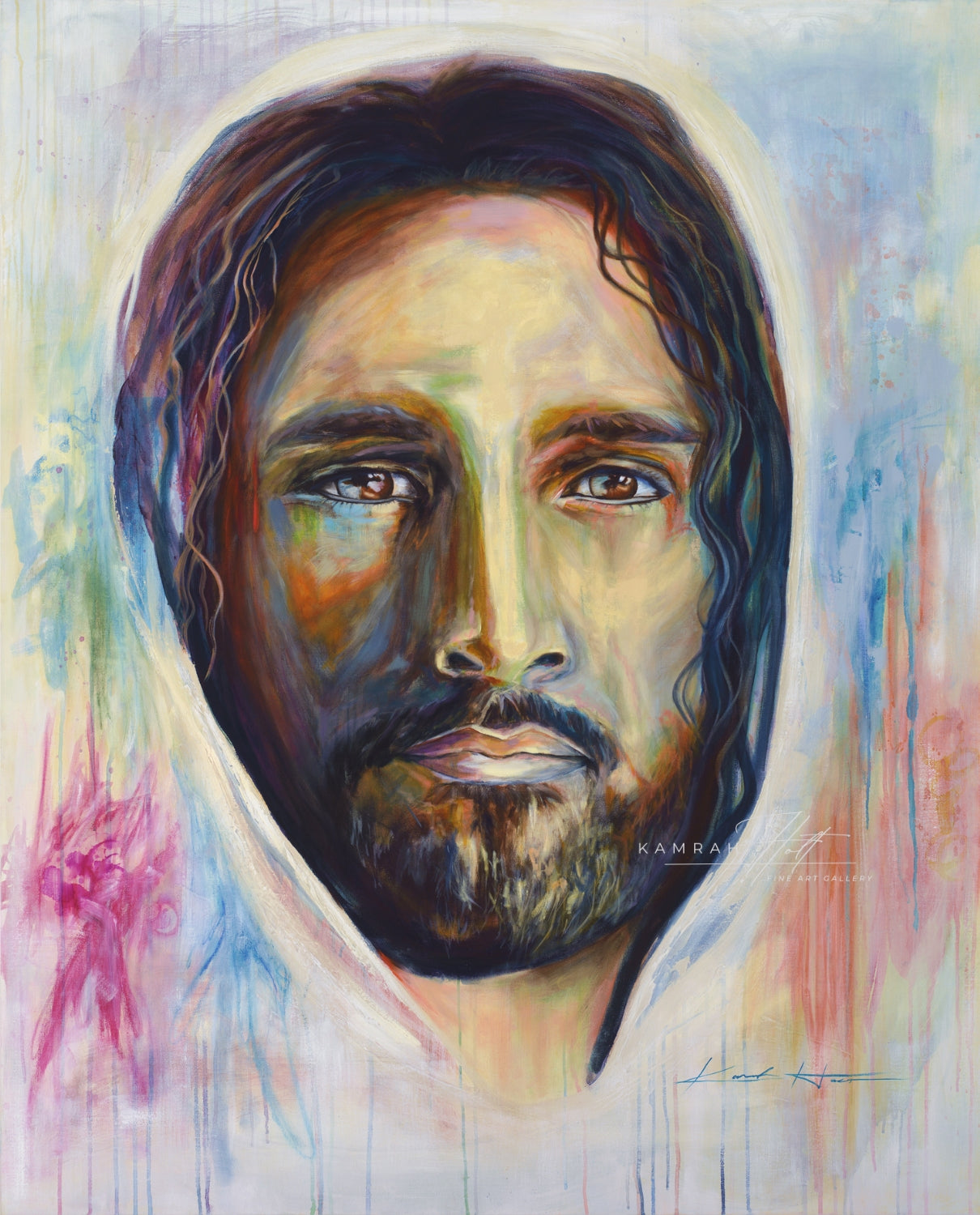 “Colorful Christian art print of Jesus, hand-painted in oil on canvas, with a striking & colorful background for modern home decor.”