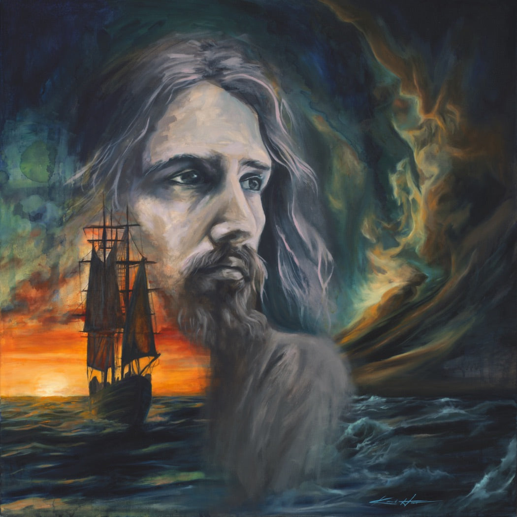 Oil painting of Jesus calming the seas a symbol of peace. 