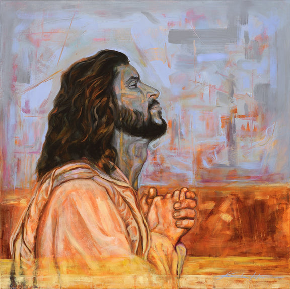 "The Advocate" painting of Jesus Christ praying humbly to God the Father, in blue and gold tones symbolizing divine connection, eternal life, and enlightenment, modern Christian wall art for home or church decor.