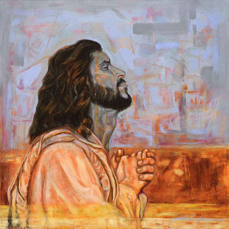 Modern Painting of Jesus Praying with large brush strokes and vibrant orange and blue.
