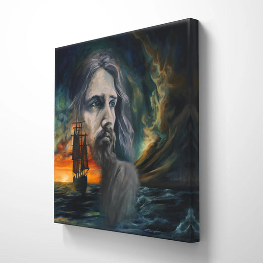 Gallery Wrapped Canvas Print of Jesus Calming the storm, titled Master & Commander, with vibrant colors, a sunset, a ship sailing across calm waters contrasted by a stormy sea & sky, creating a visual of Jesus bringing peace in the middle of the storms of life. 