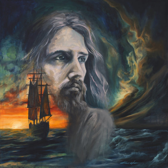 Jesus calming the storm in an oil painting with vibrant colors and a ship carrying Gods people in calm waters contrasted by stormy seas and sky. Jesus in the midst of storm providing peace and protection.