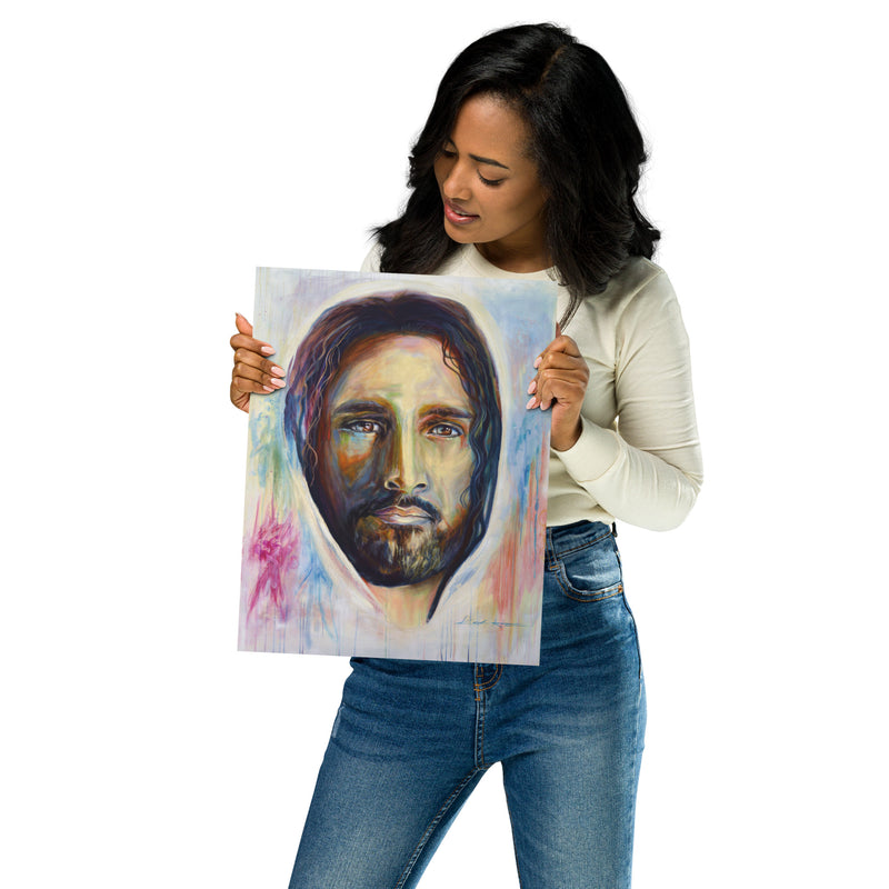 11 x 14 image of Christ print on Giclee Fine Art Paper being held up by a lady. Vibrant Christian artwork. 