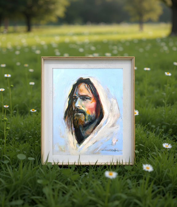 Framed portrait of Jesus titled the Color of Grace in a grassy field of flowers. 
